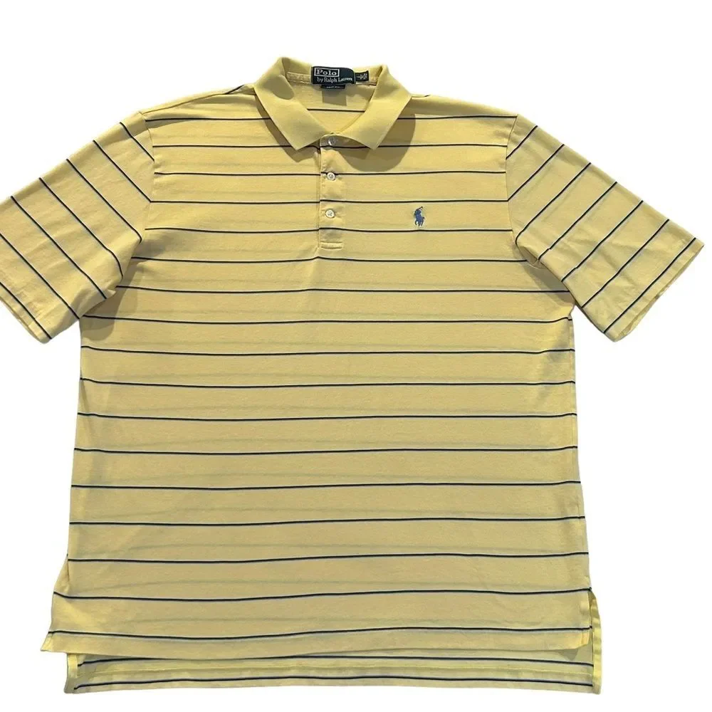 Ralph Lauren Polo Golf Shirt Yellow Blue Striped Short Sleeve L